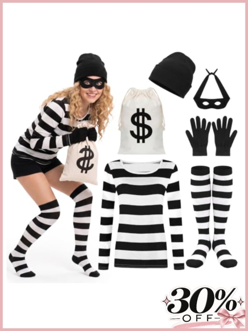 Women's Robber Costume Set Striped Tee Beanie Socks Gloves Eye Mask